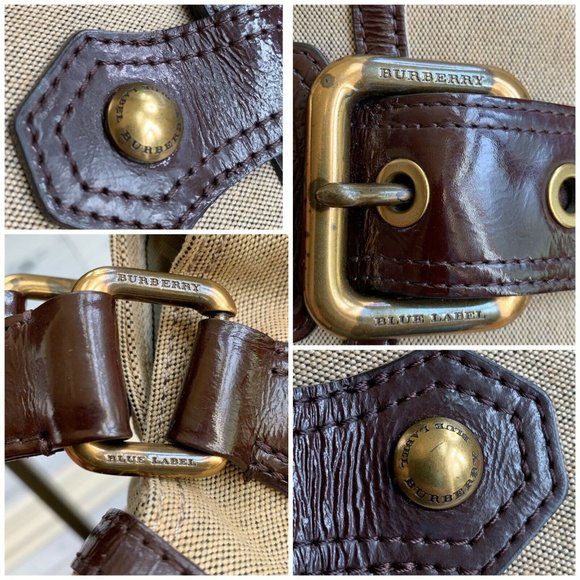 Authentic Burberry Blue Label Beige Buckle Canvas Chocolate Patent  Leather Bag - Picture 8 of 13